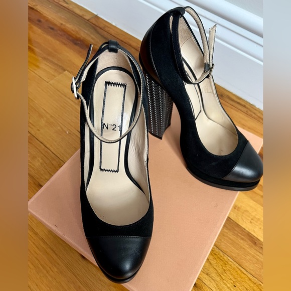 N°21 Black Suede And Leather Block Heel Ankle Strap Pumps Size 37 - Picture 10 of 16